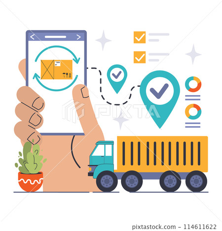 Reverse Logistics concept. Hand holding a smartphone coordinates the return process in supply chain, ensuring customer satisfaction and efficiency. Optimized return pathways. Flat vector illustration Reverse Logistics concept. Hand holding a smartphone coordinates the return process in supply chain, ensuring customer satisfaction and efficiency. Optimized return pathways. Flat vector illustration 114611622