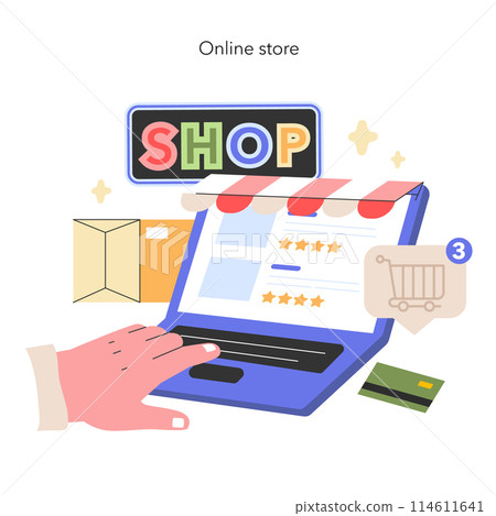 E-commerce Ease concept Hands finalize an online purchase, highlighting the convenience of digital shopping with a vibrant laptop display Vector illustration 114611641