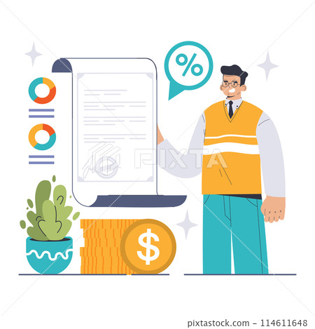 Subsidy concept. A man showcases a financial aid document highlighting the percentage benefits of subsidies. Flat vector illustration 114611648