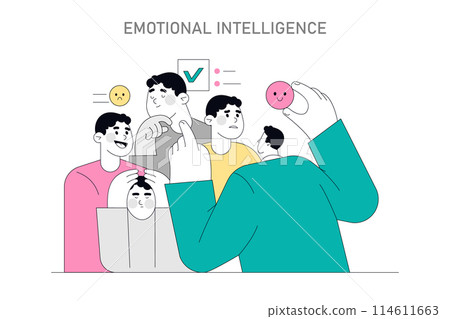 Emotional Intelligence concept. Individuals showcasing a variety of emotions with labeled facial expressions. Understanding and managing feelings. Vector illustration. Emotional Intelligence concept. Individuals showcasing a variety of emotions with labeled facial expressions. Understanding and managing feelings. Vector illustration. 114611663