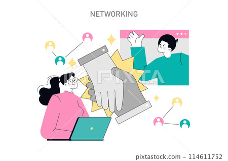 Soft Skills concept. Illustration of virtual networking, with a person shaking hands from a laptop screen, symbolizing online collaboration. Vector illustration. 114611752