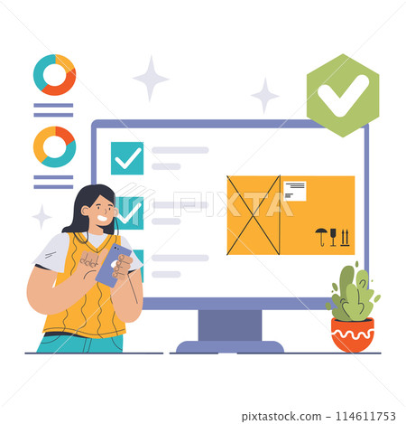 Warehouse Management concept. A focused manager organizes inventory with a digital system for efficient warehousing operations. Data-driven stock control. Flat vector illustration 114611753