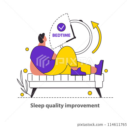 Sleep Quality Improvement concept Visualizes rest optimization with bedtime alerts Emphasizes the value of a good night's sleep for overall wellness Vector illustration 114611765