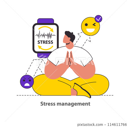 Stress Management concept Showcases the use of technology and mindfulness to monitor and manage stress levels for emotional balance Vector illustration 114611766