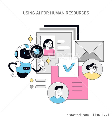 AI in human resources concept. Robot analyzing candidate profiles for recruitment process efficiency. Digital transformation in hiring, vector illustration. 114611771