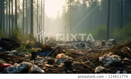 Serene forest scene with illegal dumping, visual pollution 114611774
