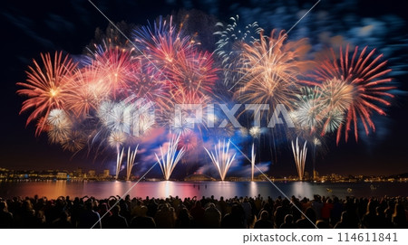 Large group of people watching fireworks on the water 114611841