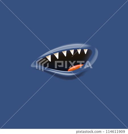 Vector Cartoon vampire mouth with fangs isolated on navy blue background. Funny and cute deep blue Halloween Monster mouth with teeth and tongue. 3d vector Monster mouse 114611909