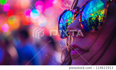 a pair of sunglasses on a party girl reflecting the vibrant colors of a summer festival 114611913
