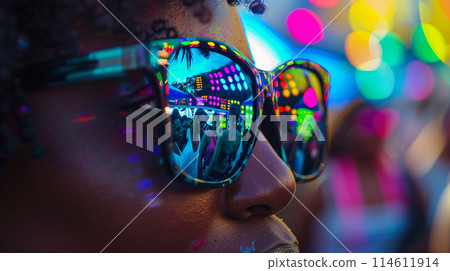 a pair of sunglasses on a party girl reflecting the vibrant colors of a summer festival 114611914