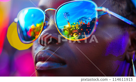 a pair of sunglasses on a party girl reflecting the vibrant colors of a summer festival 114611915