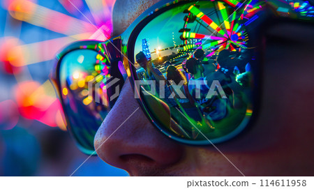 a pair of sunglasses on a party girl reflecting the vibrant colors of a summer festival a pair of sunglasses on a party girl reflecting the vibrant colors of a summer festival 114611958