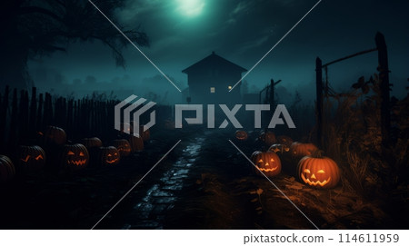 Group of pumpkins sitting on top of a field 114611959