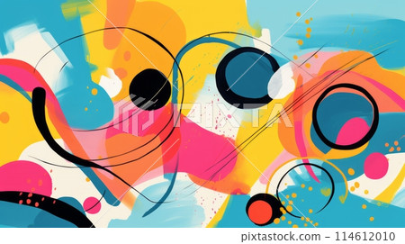 An abstract painting with vibrant blue, yellow, and pink colors An abstract painting with vibrant blue, yellow, and pink colors 114612010