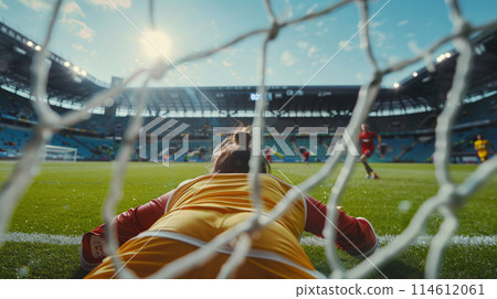 a solitary goalkeeper, positioned in front of the goalposts with arms outstretched, ready to make a save 114612061