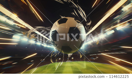 a soccer ball soaring through the air in a powerful kick, leaving a trail of light in its wake 114612225