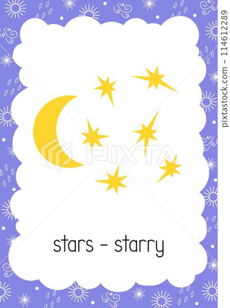 Weather flash card Stars Starry topical vocabulary learning printable, educational English kids worksheet, nursery, kindergarten, pre-school, leisure activity, teacher resources vector illustration Weather flash card Stars Starry topical vocabulary learning printable, educational English kids worksheet, nursery, kindergarten, pre-school, leisure activity, teacher resources vector illustration 114612289