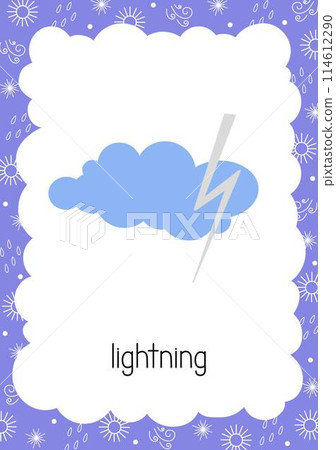 Weather flash card Lightning topical vocabulary learning printable, educational English worksheet for kids, nursery, kindergarten, pre-school, leisure activity, teacher resources vector illustration 114612290