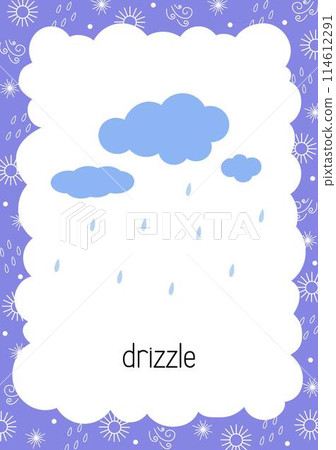 Weather flash card Rain Drizzle topical vocabulary learning printable, educational English kids worksheet, nursery, kindergarten, pre-school, leisure activity, teacher resources vector illustration 114612291