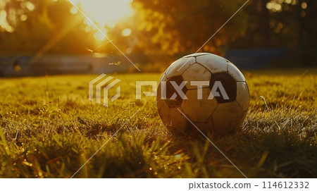 a lone leather black and white pentagon soccer ball resting peacefully on the green pitch 114612332