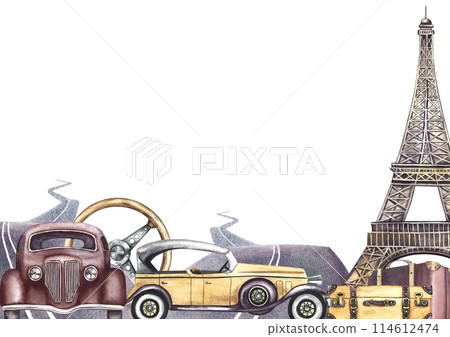 A banner with retro cars. Vintage steering wheel, paved roads, Eiffel Tower, suitcases. A retro-style journey. A watercolor illustration made by hand. A frame for a banner, leaflet, poster or printing 114612474
