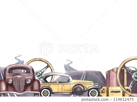 A banner with retro cars. Vintage steering wheel, paved roads and suitcases. A retro-style journey. A watercolor illustration made by hand. The border is a frame for a banner, flyer, poster, printing. A banner with retro cars. Vintage steering wheel, paved roads and suitcases. A retro-style journey. A watercolor illustration made by hand. The border is a frame for a banner, flyer, poster, printing. 114612475