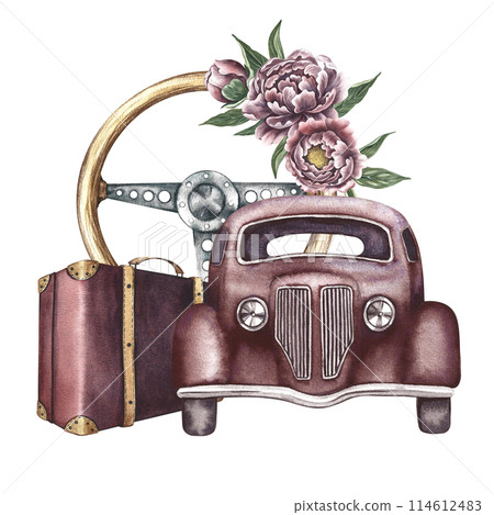 Vintage retro car, front view. An antique wooden steering wheel decorated with vintage flowers and a retro suitcase. A watercolor illustration made by hand. For poster, printing, sticker and postcard. 114612483