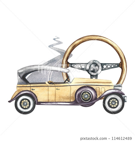 Vintage retro car, side view. Antique wooden steering wheel, paved road in perspective. A watercolor illustration made by hand. For a banner, flyer, or poster. For printing, stickers, postcards. Vintage retro car, side view. Antique wooden steering wheel, paved road in perspective. A watercolor illustration made by hand. For a banner, flyer, or poster. For printing, stickers, postcards. 114612489