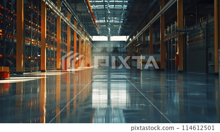 Modern Warehouse Interior with Shelves and Aisles 114612501