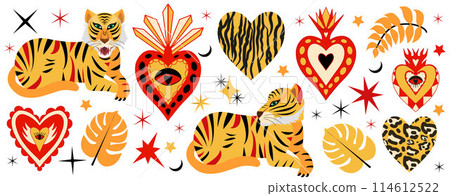 Tiger and sacred heart, celestial mystique set. Retro style hearts with tiger and leopard print. Animal mystical collection. Contemporary bohemian style. Vector illustration. 114612522