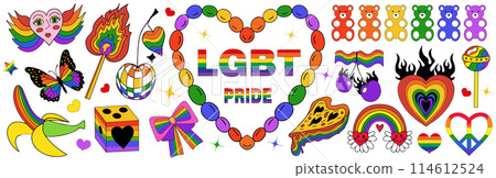 Pride LGBT set. Pride month, love signs and rainbow flags. LGBTQ plus community festival icons hand draw. Y2k trendy style stickers and tattoo ideas.Vector illustration 114612524