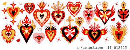 Mexican sacred hearts set, spirit mystical miracles symbol. Heart milagro. Day of the dead Dia de los Muertos holiday. Vector illustration 114612525