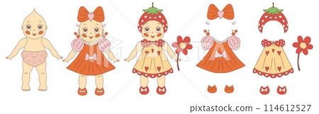 Coquette Kewpie dolls set, cute paper doll and set of summer clothes. Vector hand draw illustration Coquette Kewpie dolls set, cute paper doll and set of summer clothes. Vector hand draw illustration 114612527
