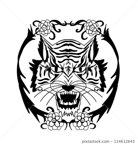 Tiger On Fire Silhouette. Aggressive demon beast head in monochromatic style vector illustration Tiger On Fire Silhouette. Aggressive demon beast head in monochromatic style vector illustration 114612643