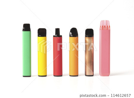 A set of colorful disposable electronic cigarettes of different shapes on a white background with smoke. Concept of modern smoking, vaping and nicotine. 114612657