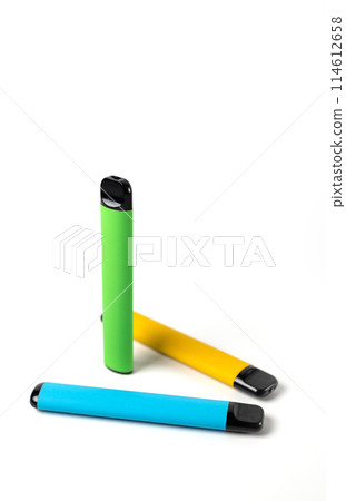 disposable electronic cigarettes of different flavors on a white background 114612658