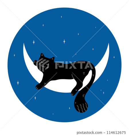 Cute black cat sleeping on a crescent on blue night sky background. Vector illustration Cute black cat sleeping on a crescent on blue night sky background. Vector illustration 114612675