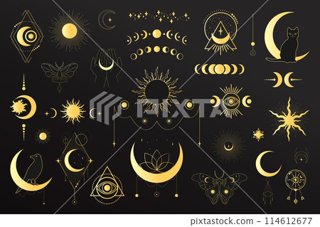 Big set of golden celestial magical and astrological symbols. Celestial space emblems. Space elements. Vector illustration Big set of golden celestial magical and astrological symbols. Celestial space emblems. Space elements. Vector illustration 114612677