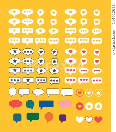 Big collection of customer review symbols. Feedback and communication, rating stars, like button hearts and different speech bubbles. Vector illustration 114612688