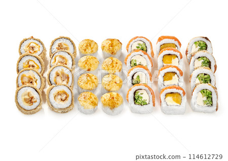 Set for company of various Japanese sushi rolls 114612729