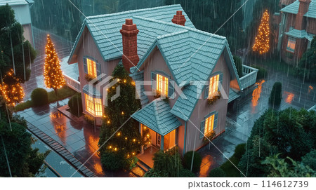 Christmas Lights Twinkling on a Rainy Night 114612739