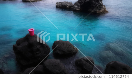 Solitude by the Sea - A Moment of Peace Captured. Pink Trash Can on a Rocky Beach Solitude by the Sea - A Moment of Peace Captured. Pink Trash Can on a Rocky Beach 114612754