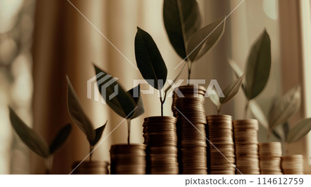 Coins with plant growing out of them, symbolizing prosperity 114612759
