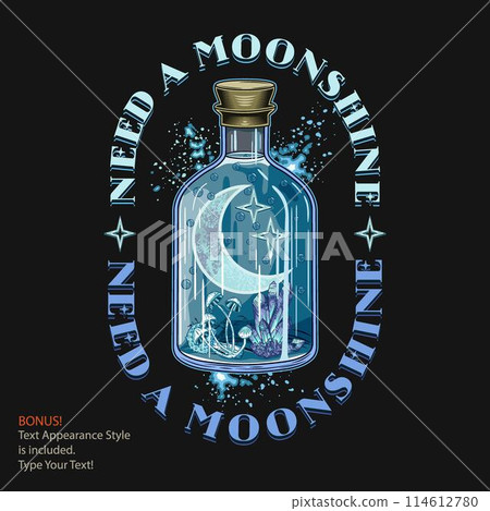 Fun comic label with big bottle of alcohol, moonshine. Mushrooms, magic crystal, moon crescent inside. Editable text graphic style is included. Vintage style colorful illustration. 114612780