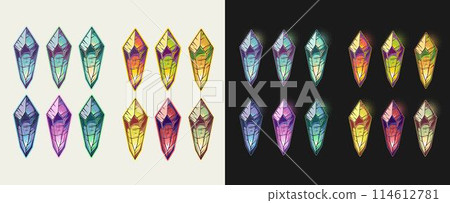 Set of colorful crystal gems on white, black background. Magical, glowing minerals inside. Fantasy, mystical concept. Vintage style Set of colorful crystal gems on white, black background. Magical, glowing minerals inside. Fantasy, mystical concept. Vintage style 114612781