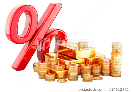Percent sign with golden coins and gold bars, 3D rendering 114612891