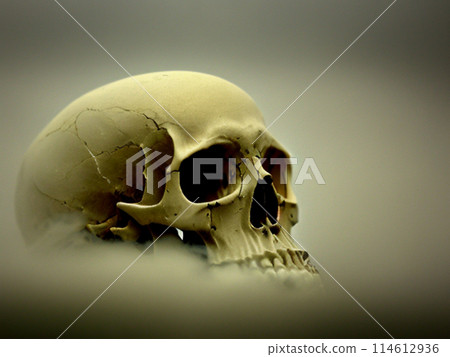 A human or ape skull surrounded by smoke or fog. Halloween horror. The theme of war, history, the perishability of the body and temporary eternity. Gloomy scary background. Generated by AI. Occultism 114612936