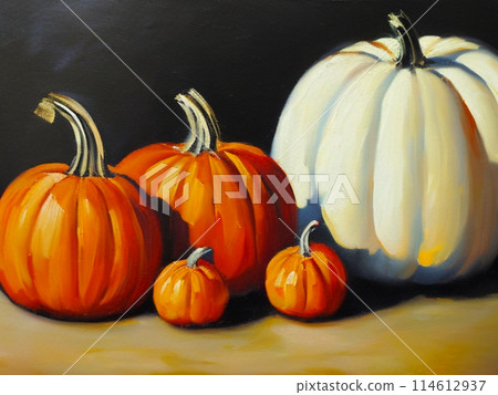 Decorative ornamental orange pumpkins. A jack-o'-lantern or jack o'lantern. Halloween or Hallowe'en, Allhalloween, All Hallows' Eve, or All Saints' Eve. Bright vegetable background - still life 114612937
