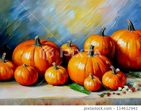 Decorative ornamental orange pumpkins. A jack-o'-lantern or jack o'lantern. Halloween or Hallowe'en, Allhalloween, All Hallows' Eve, or All Saints' Eve. Bright vegetable background - still life 114612942