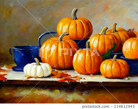 Decorative ornamental orange pumpkins. A jack-o'-lantern or jack o'lantern. Halloween or Hallowe'en, Allhalloween, All Hallows' Eve, or All Saints' Eve. Bright vegetable background - still life 114612943